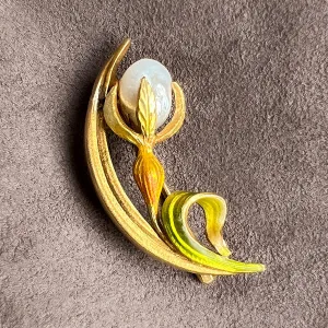 Art Nouveau Pearl & Enamel Flower Crescent Pin