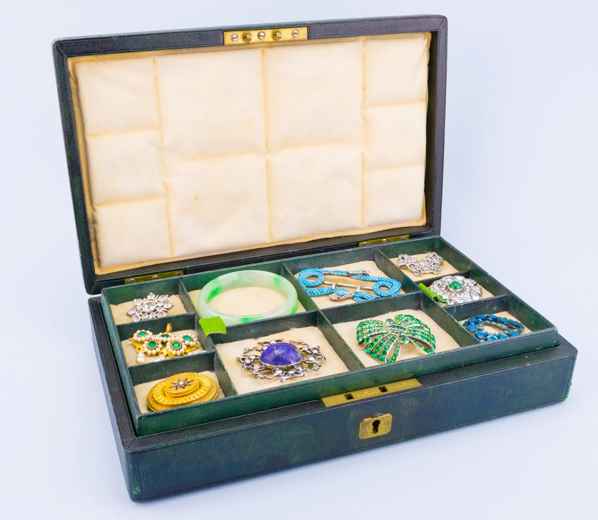 Asprey Jewellery Box in Green Leather, English circa 1930