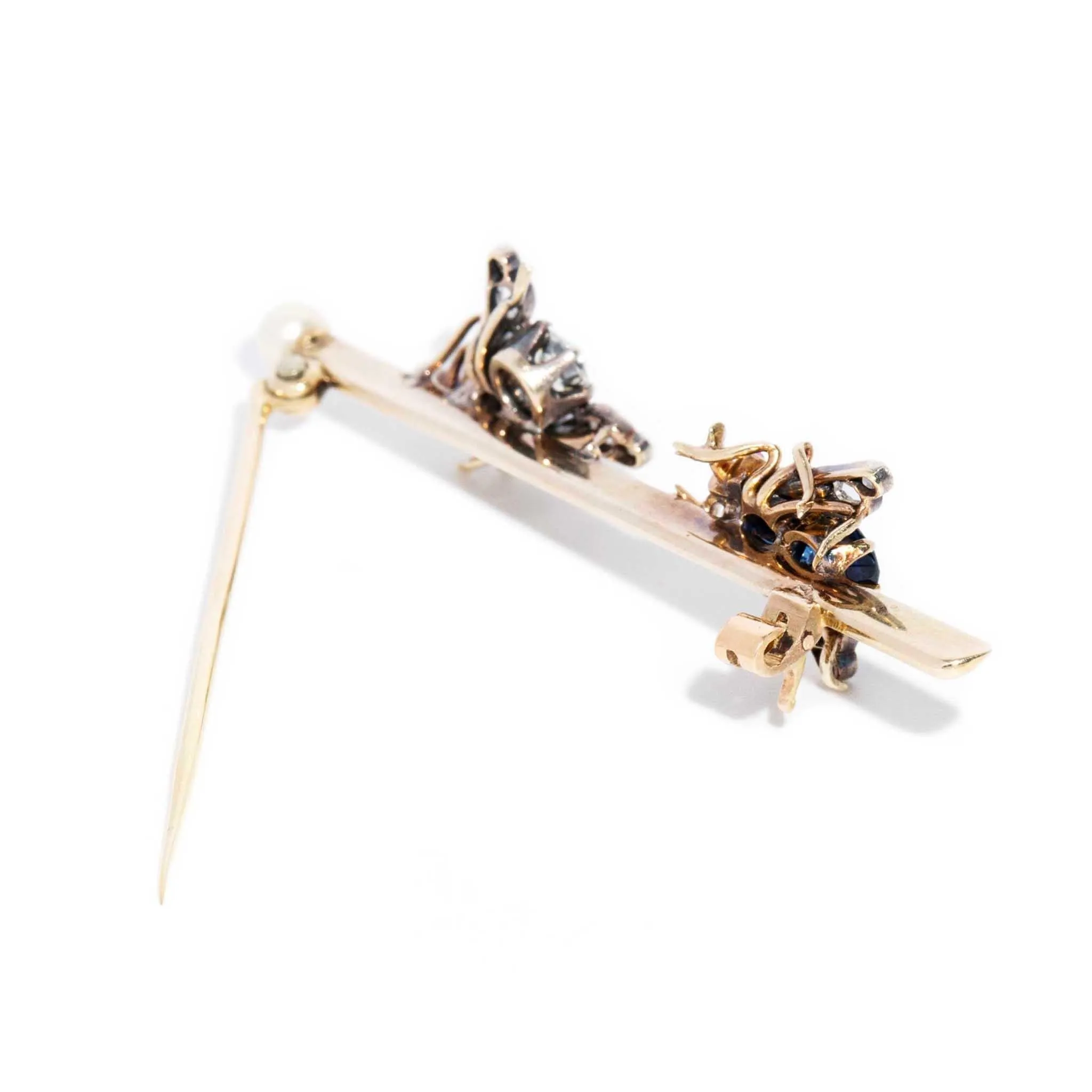Bee Bee Antique 1900s Diamond Sapphire Pearl Brooch 14ct