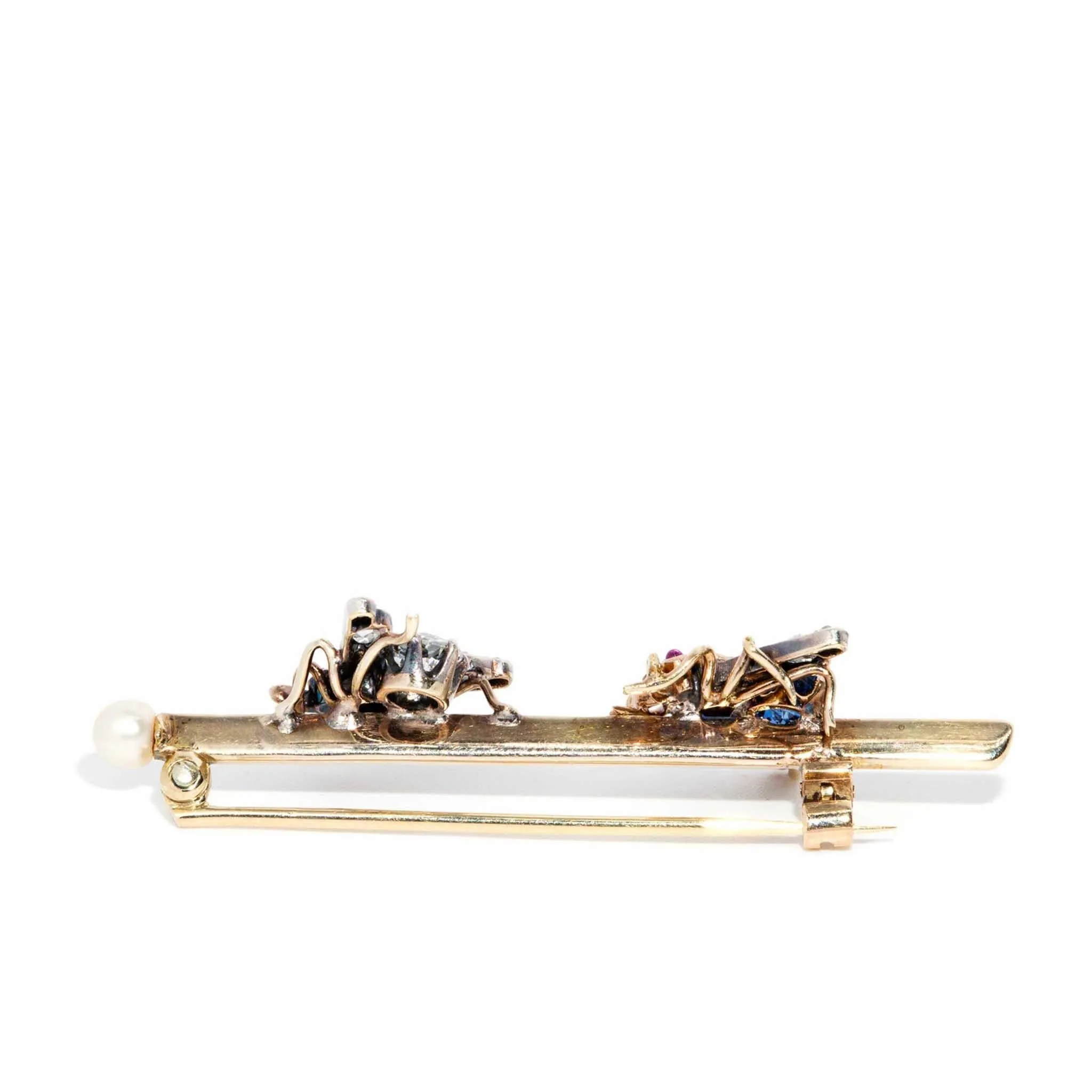 Bee Bee Antique 1900s Diamond Sapphire Pearl Brooch 14ct