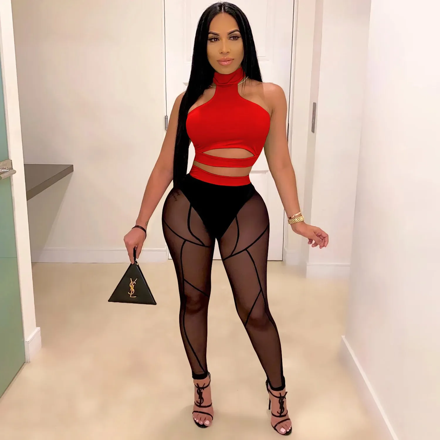 Bold See-Through Colorblock Top and High-Waisted Pant Two-Piece Set