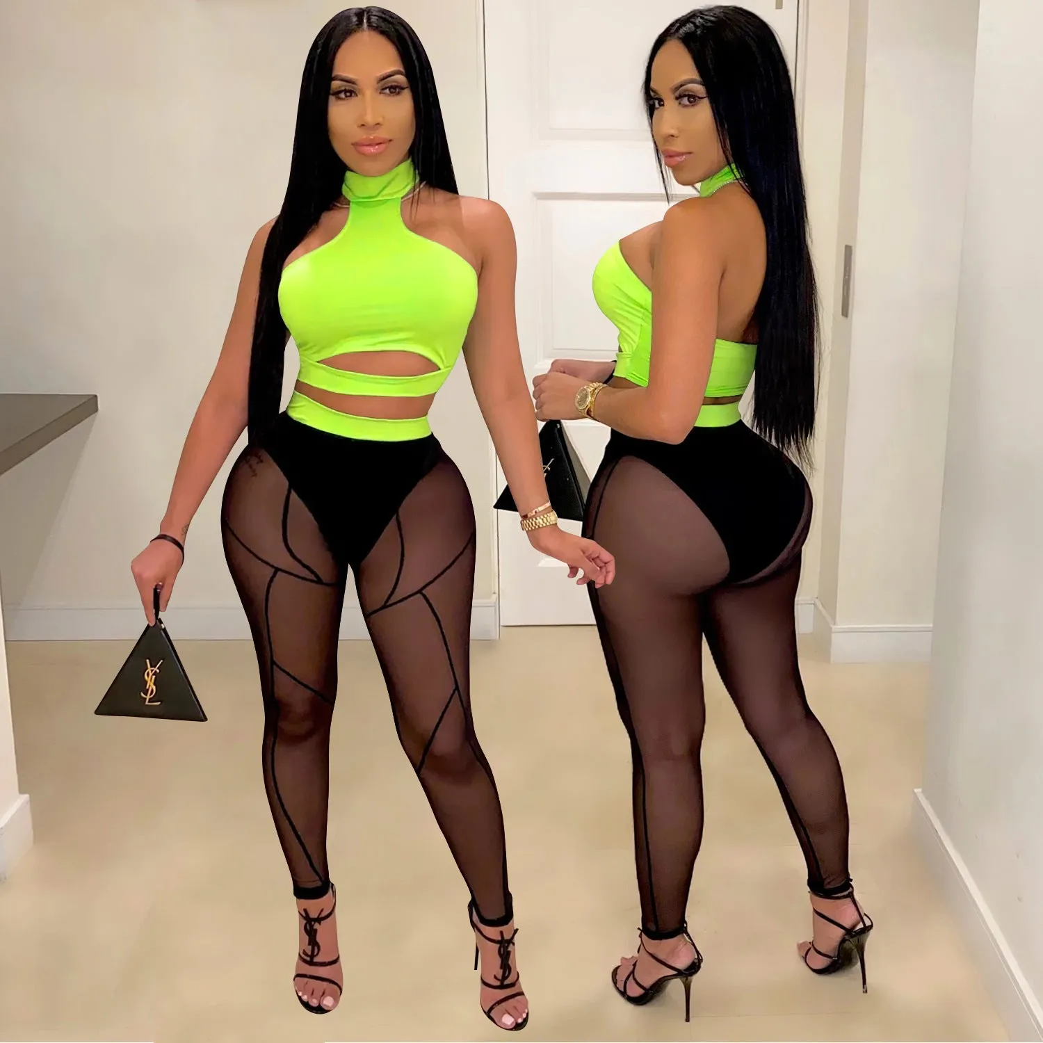 Bold See-Through Colorblock Top and High-Waisted Pant Two-Piece Set