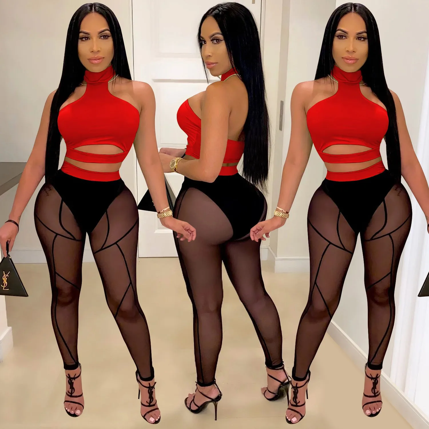 Bold See-Through Colorblock Top and High-Waisted Pant Two-Piece Set
