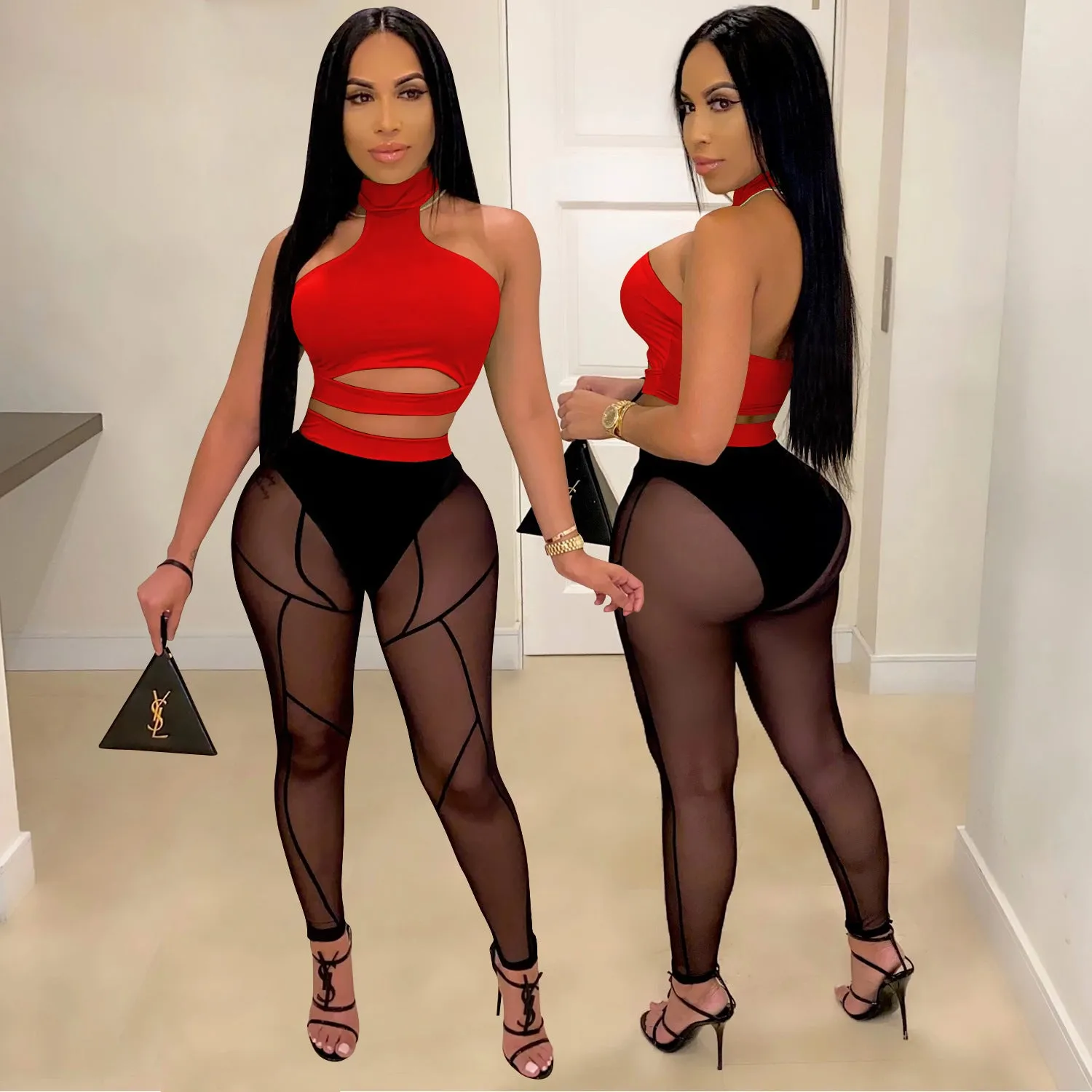 Bold See-Through Colorblock Top and High-Waisted Pant Two-Piece Set