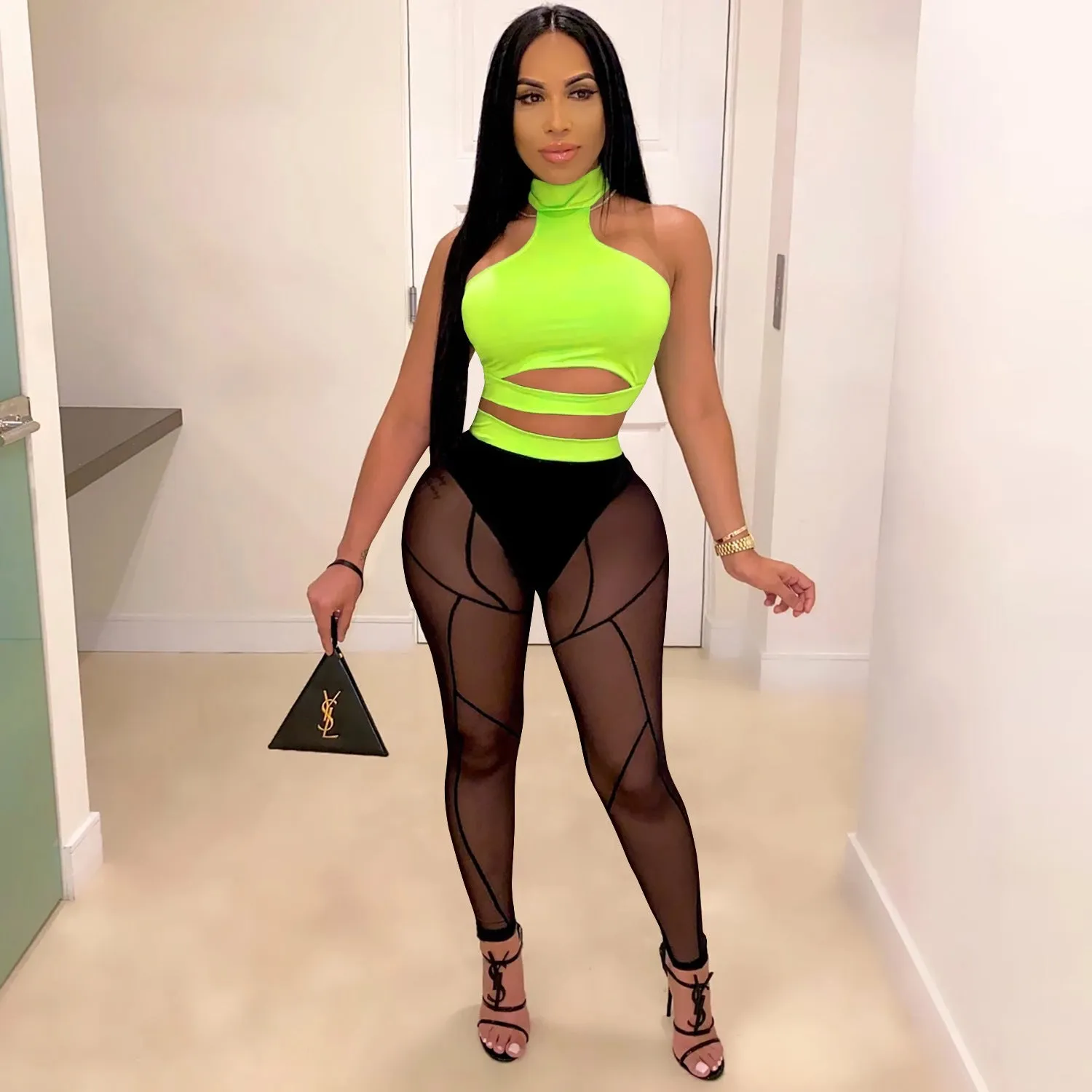 Bold See-Through Colorblock Top and High-Waisted Pant Two-Piece Set