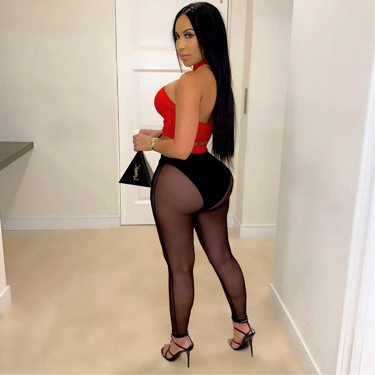 Bold See-Through Colorblock Top and High-Waisted Pant Two-Piece Set