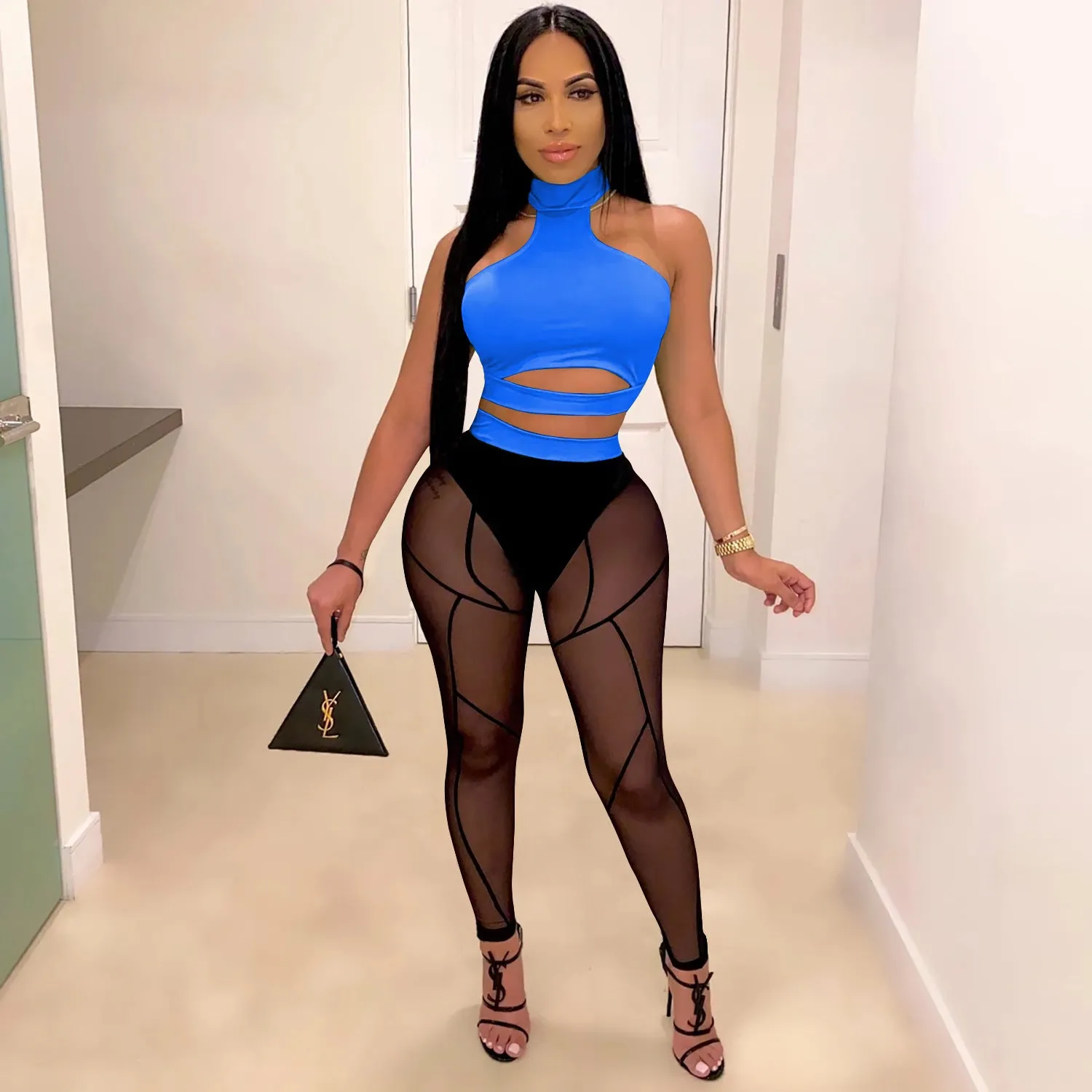 Bold See-Through Colorblock Top and High-Waisted Pant Two-Piece Set