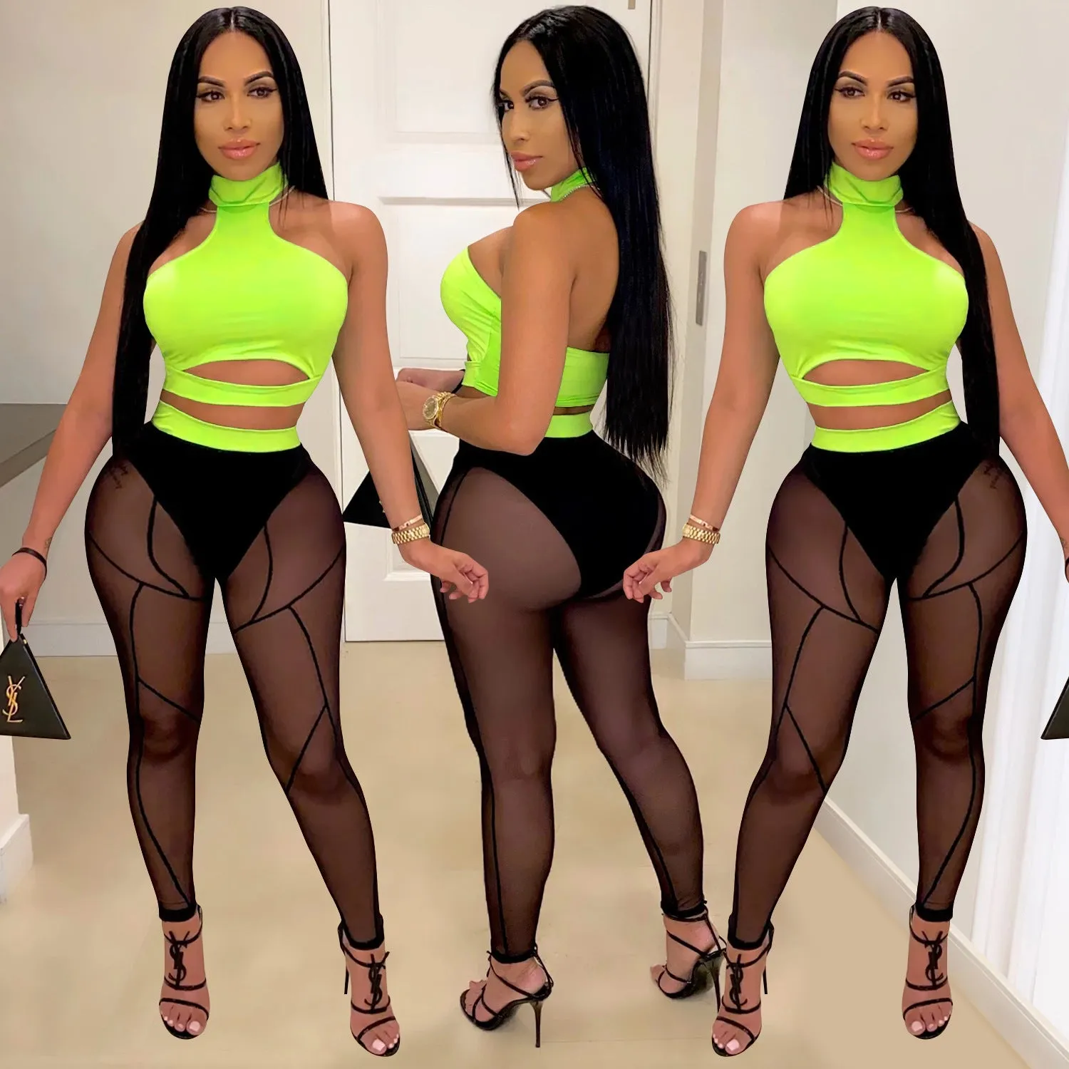 Bold See-Through Colorblock Top and High-Waisted Pant Two-Piece Set