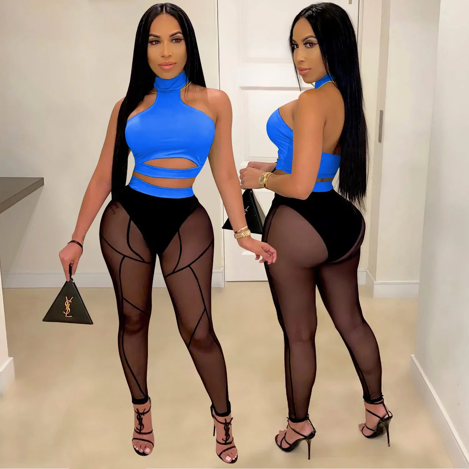 Bold See-Through Colorblock Top and High-Waisted Pant Two-Piece Set