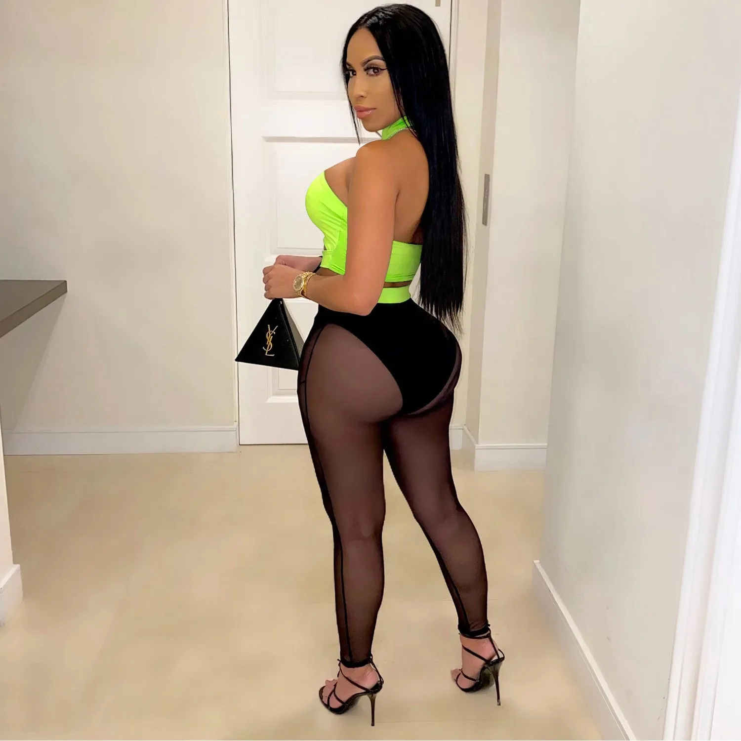 Bold See-Through Colorblock Top and High-Waisted Pant Two-Piece Set