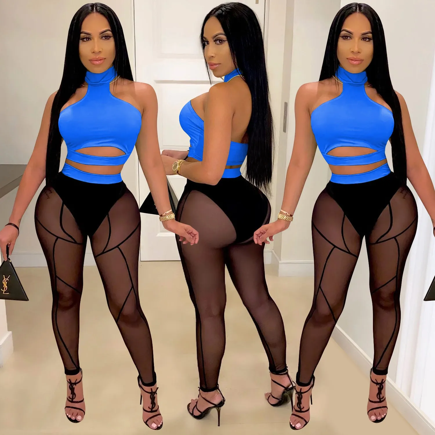 Bold See-Through Colorblock Top and High-Waisted Pant Two-Piece Set