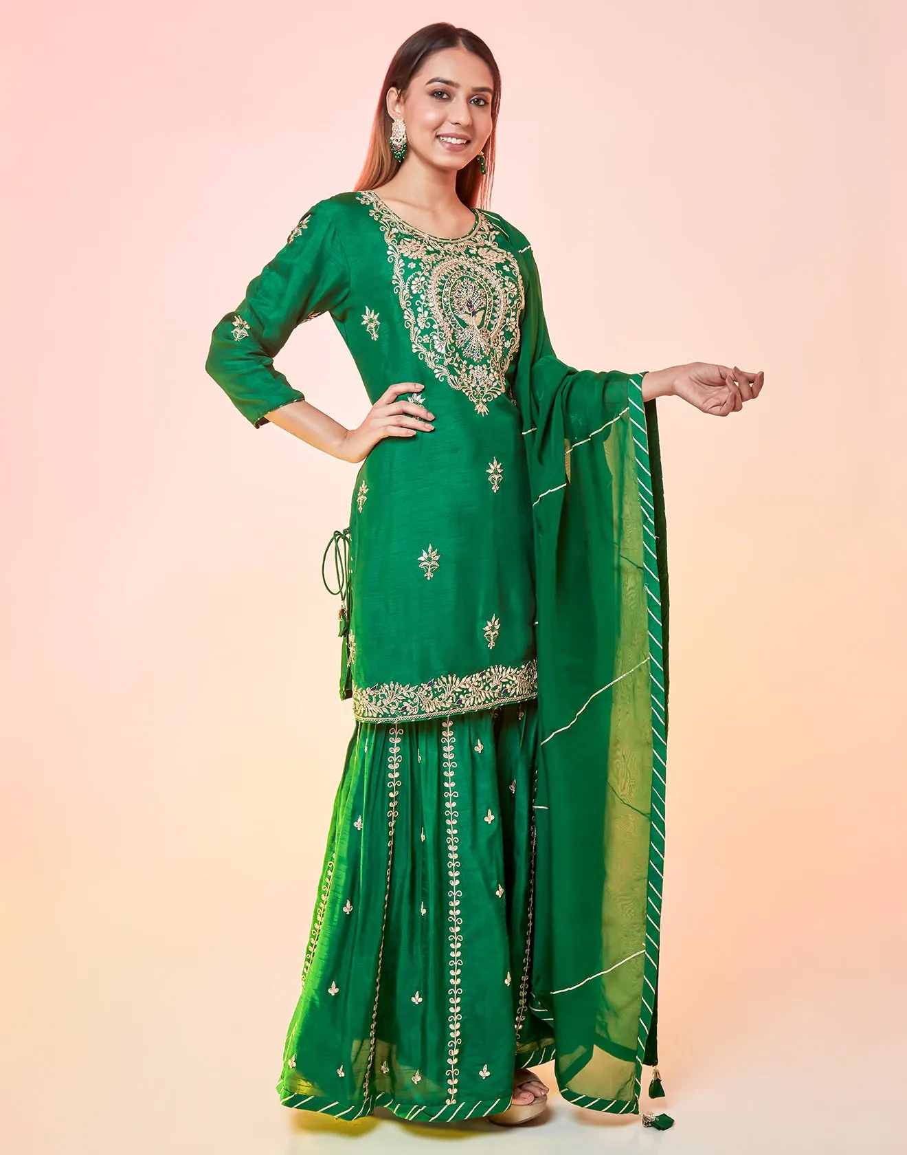 Bottle Green Embellished Sharara Suit Set With Gota Work