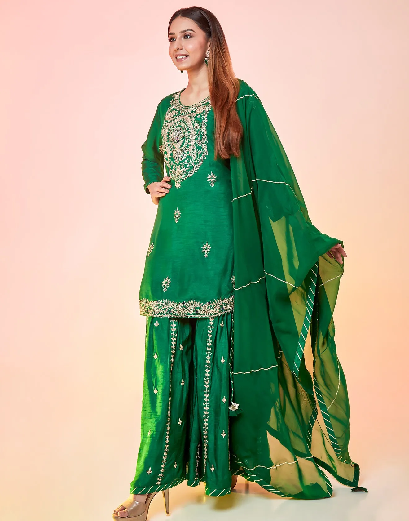 Bottle Green Embellished Sharara Suit Set With Gota Work