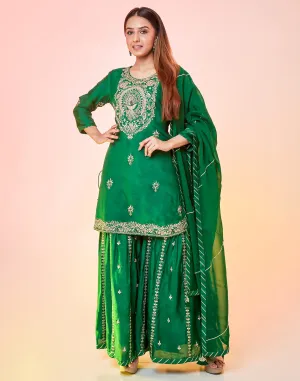 Bottle Green Embellished Sharara Suit Set With Gota Work