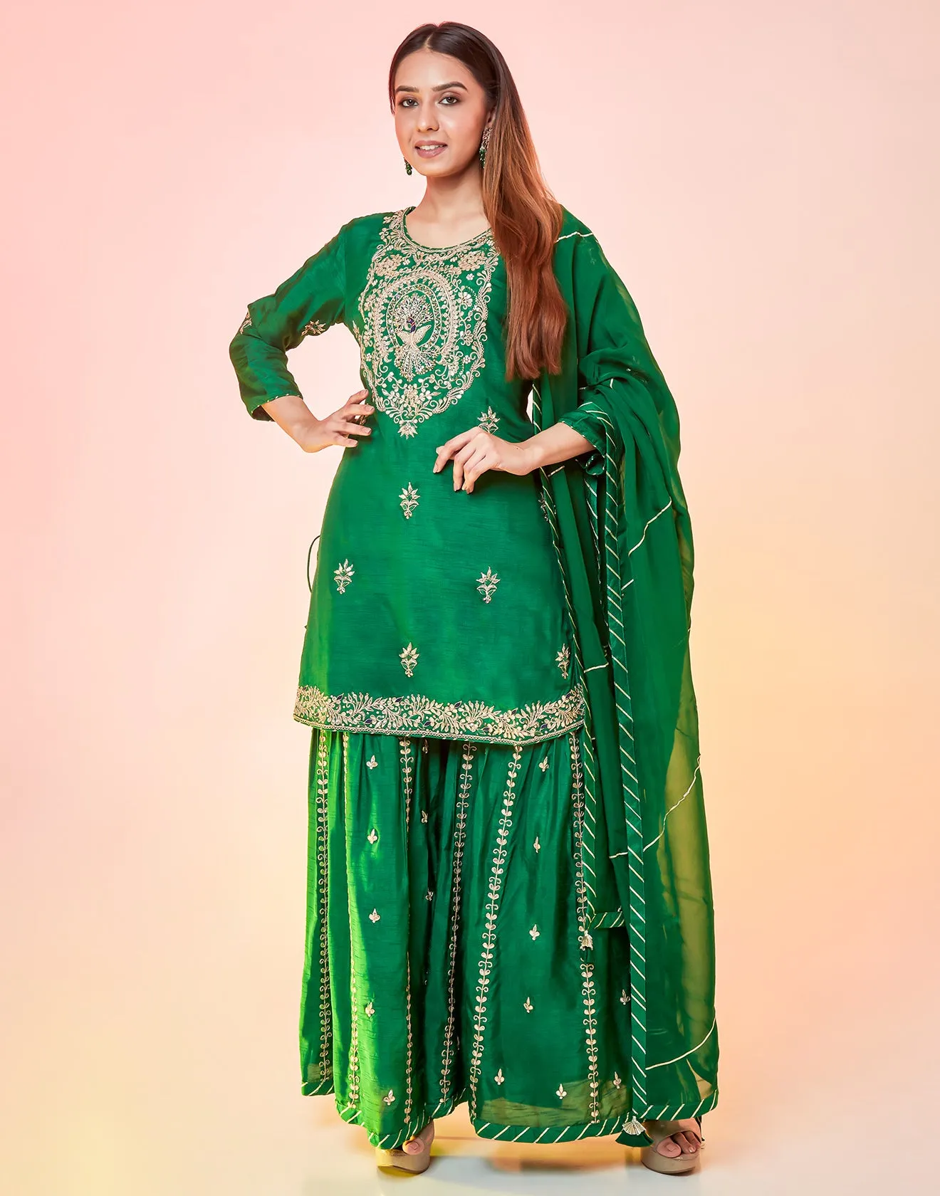 Bottle Green Embellished Sharara Suit Set With Gota Work