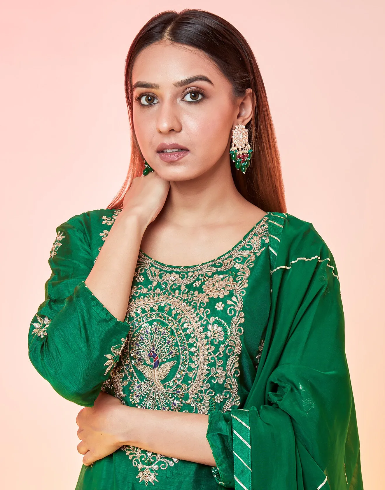 Bottle Green Embellished Sharara Suit Set With Gota Work