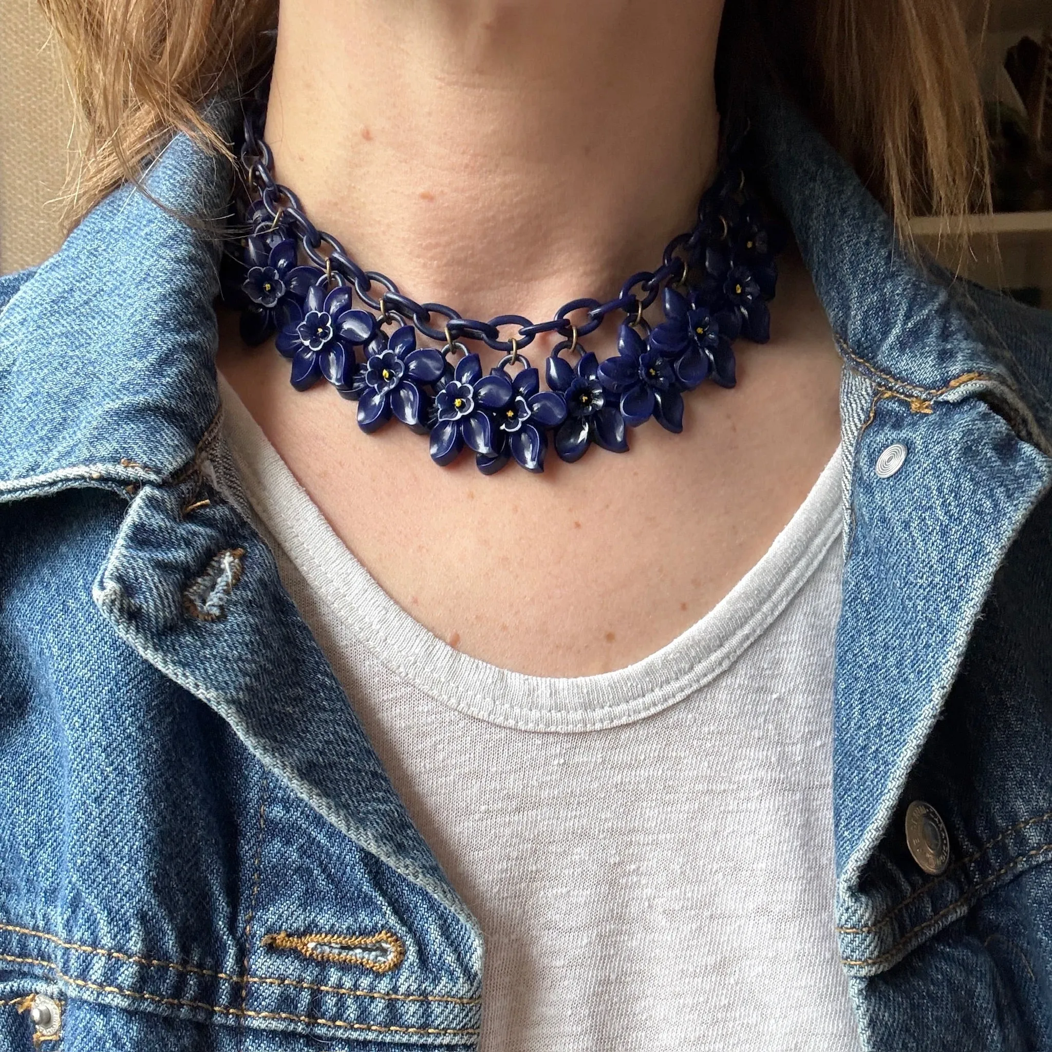 Bright Blue Blossoms Celluloid Necklace