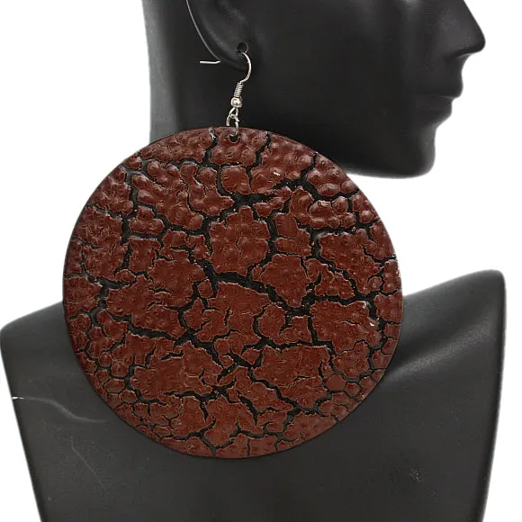 Brown Large Cracked Disc Earrings