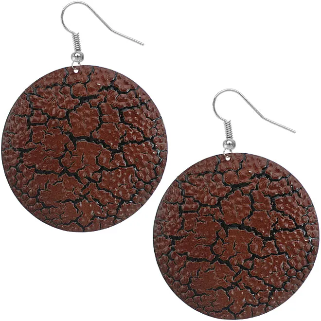 Brown Large Cracked Disc Earrings