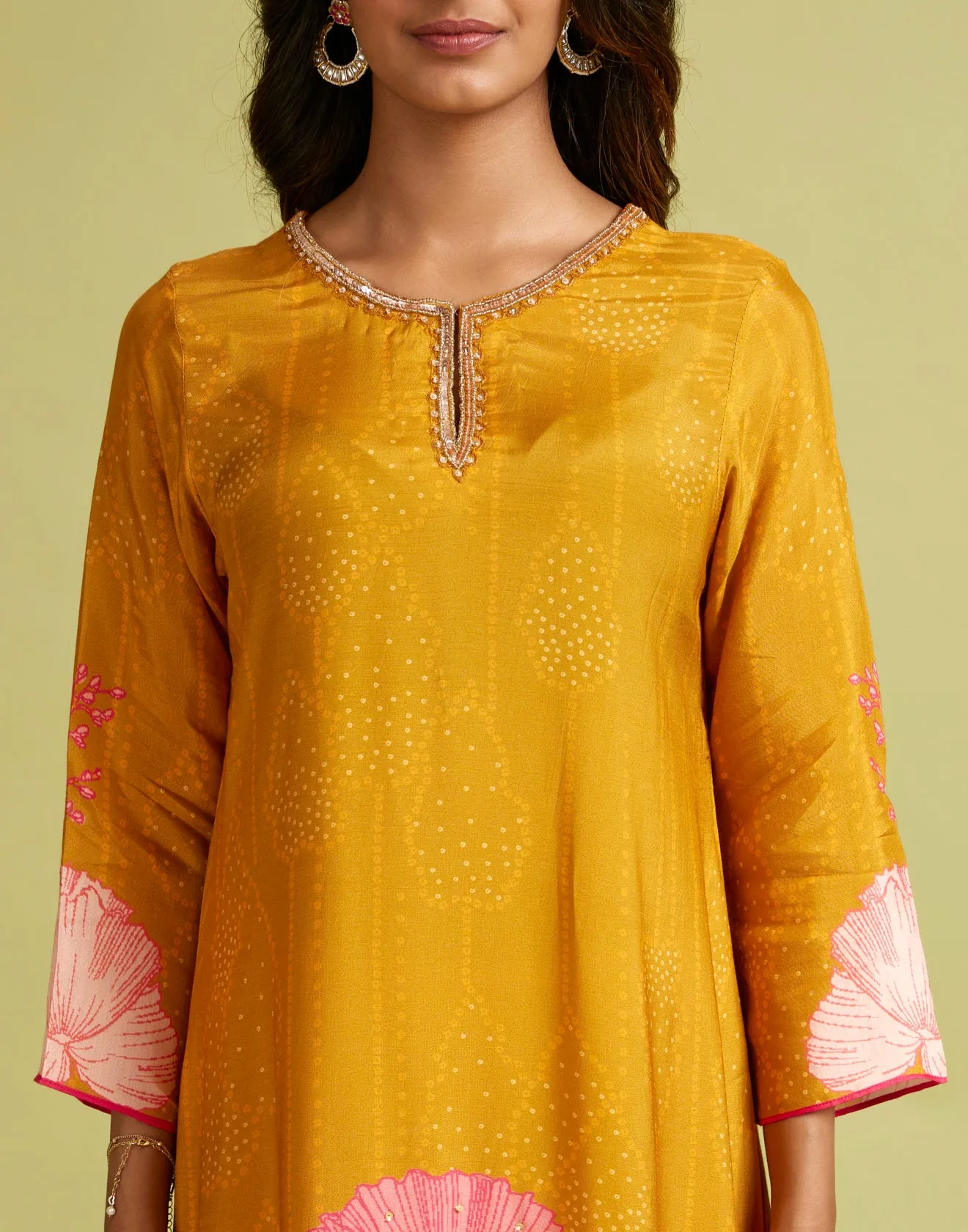 Burnt Ochre Yellow Bandhej Printed Kurta Set