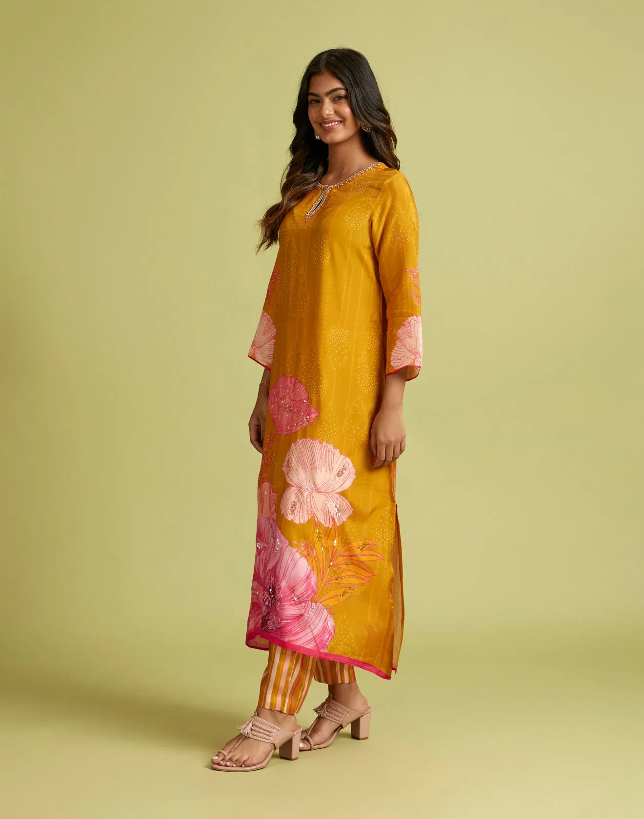 Burnt Ochre Yellow Bandhej Printed Kurta Set