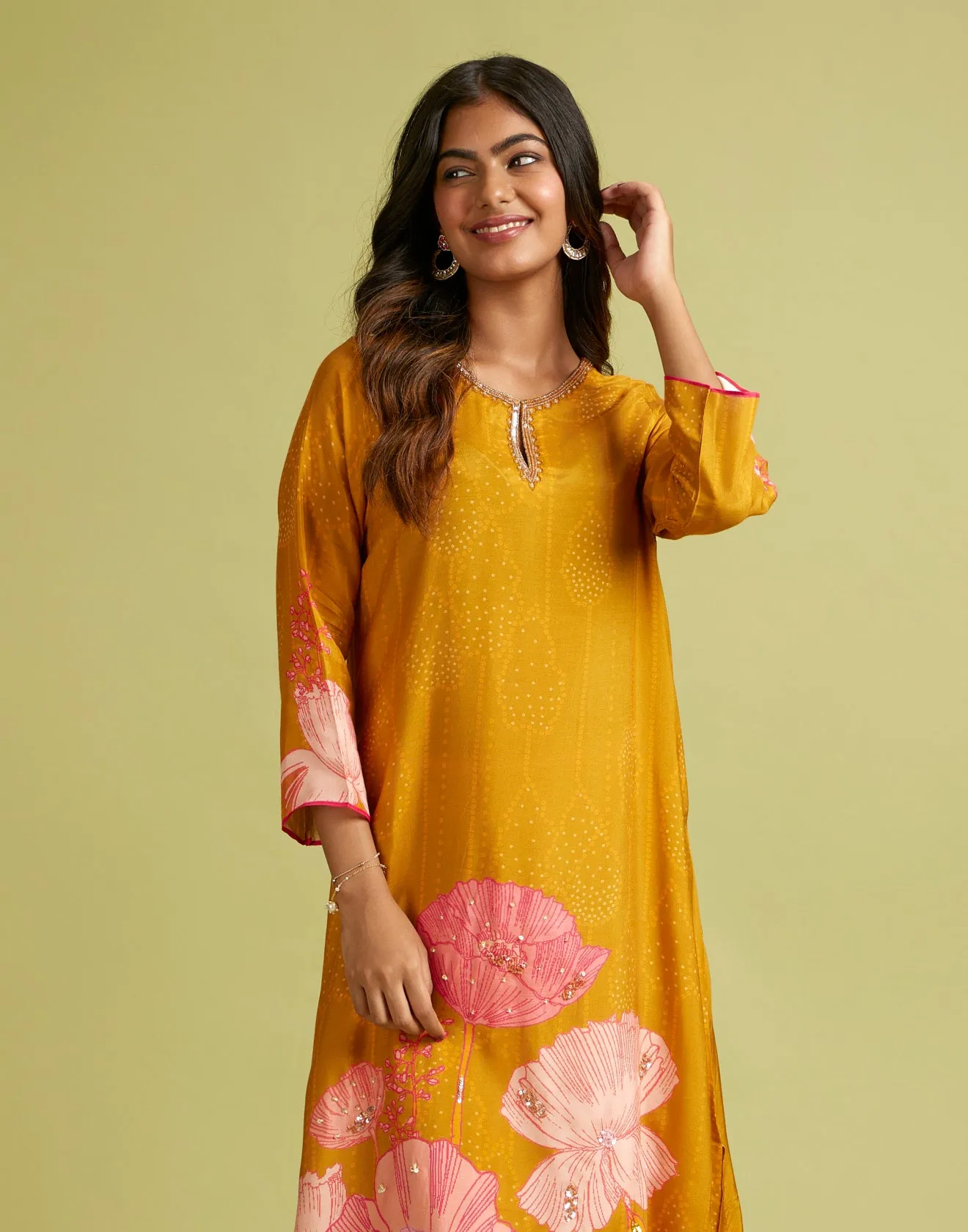 Burnt Ochre Yellow Bandhej Printed Kurta Set