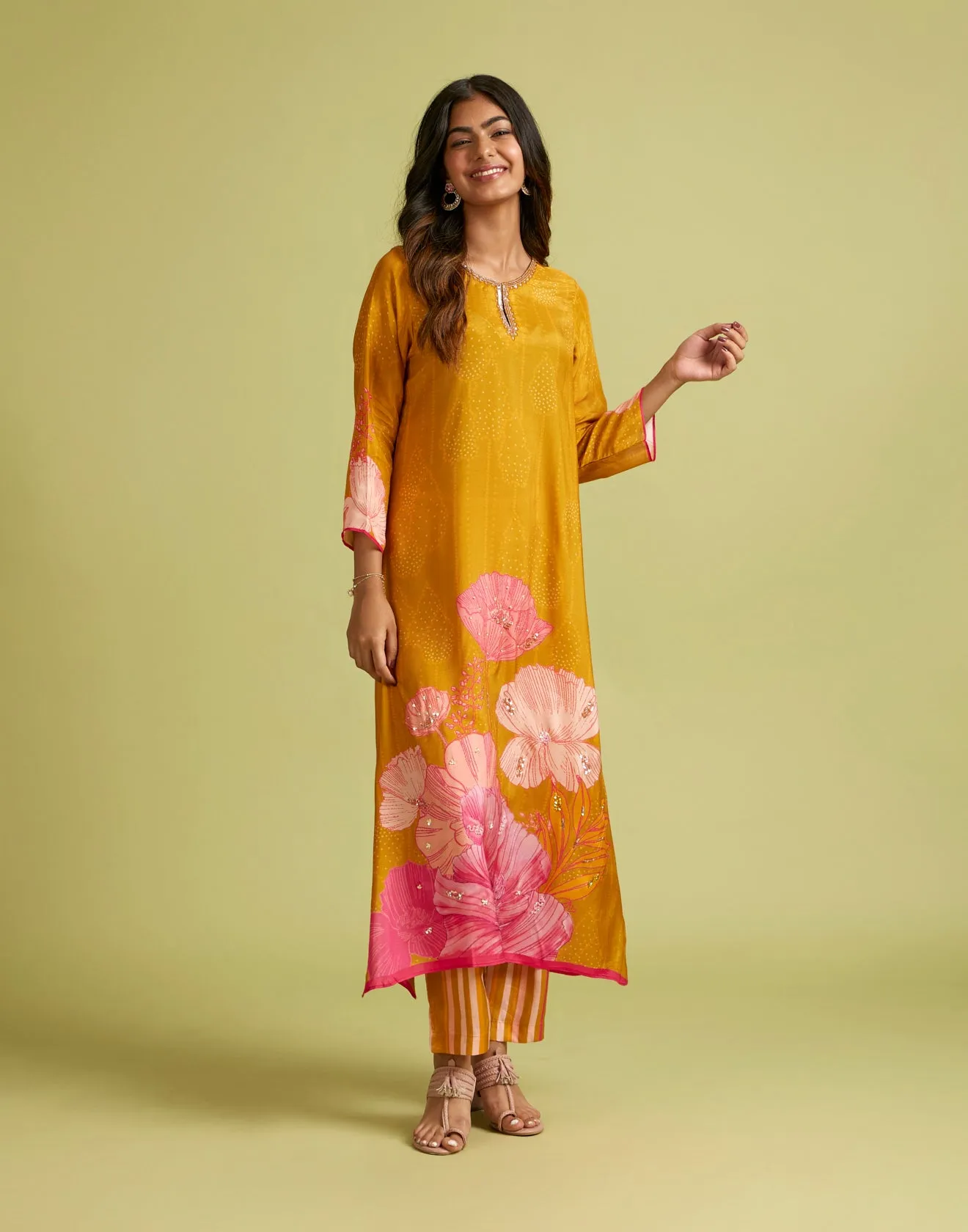 Burnt Ochre Yellow Bandhej Printed Kurta Set