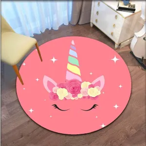 Cartoon Floral Unicorn Round Area Rug Cartoon Carpets for Living Room Animal Pink Unicorn Floor Mat