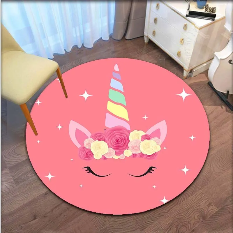 Cartoon Floral Unicorn Round Area Rug Cartoon Carpets for Living Room Animal Pink Unicorn Floor Mat