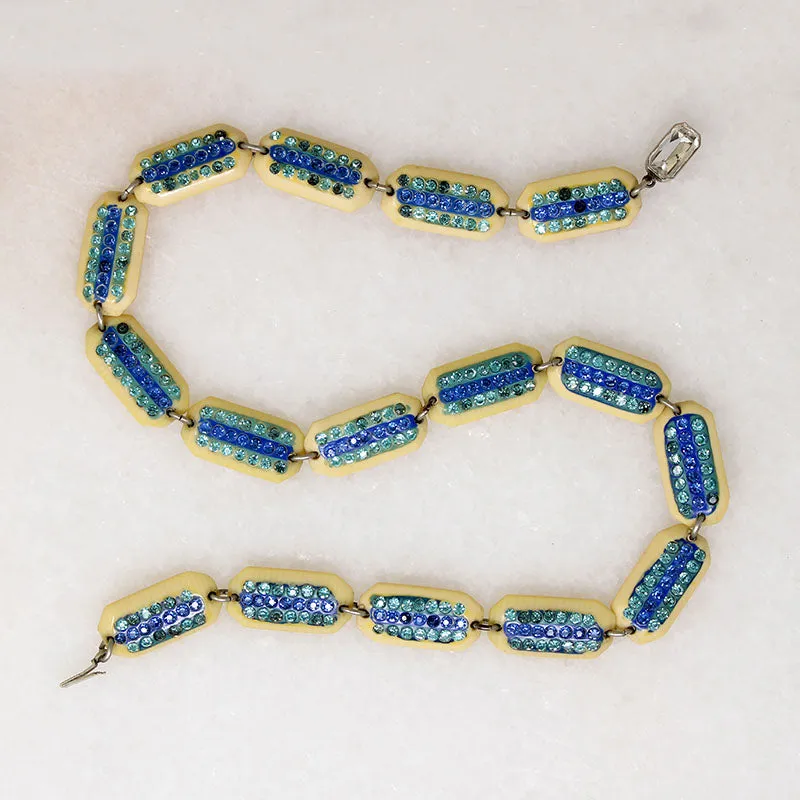 Celluloid & Sparkling Blue Rhinestone Choker