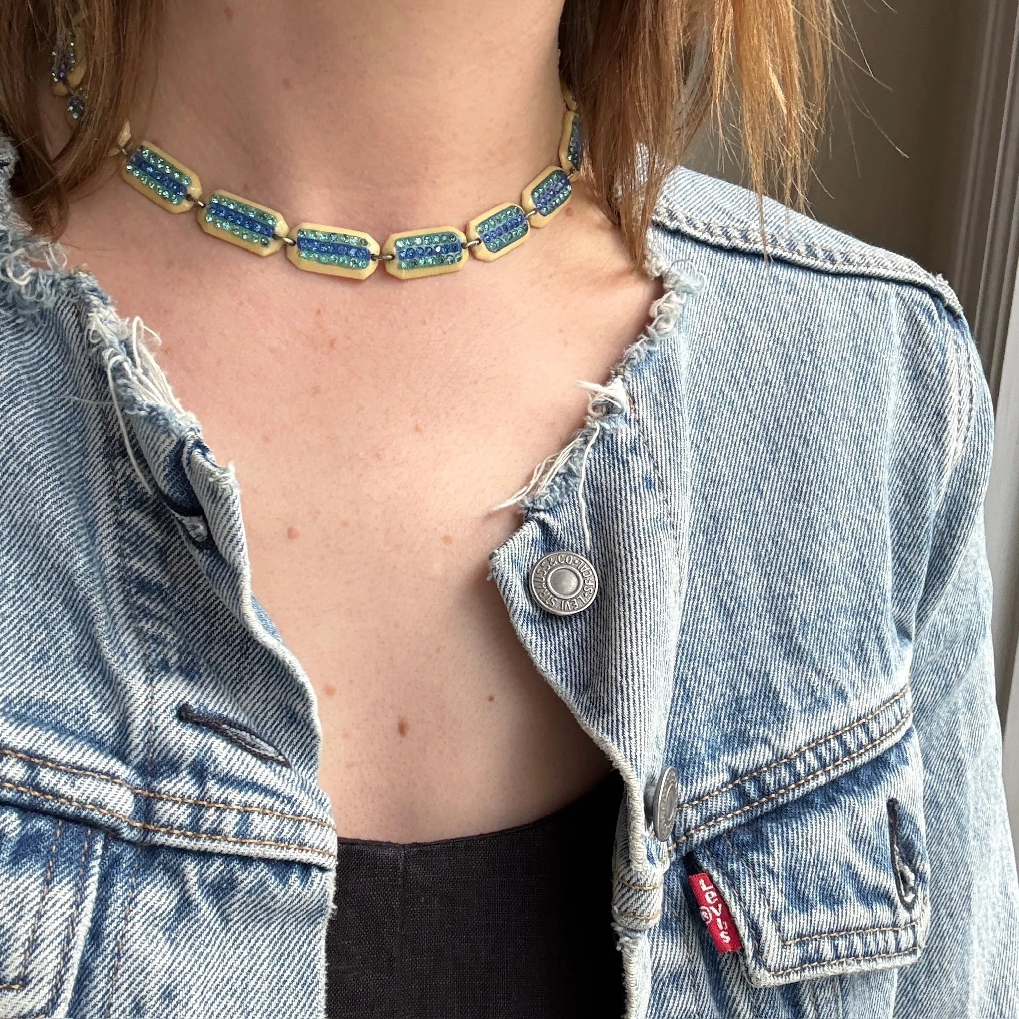 Celluloid & Sparkling Blue Rhinestone Choker