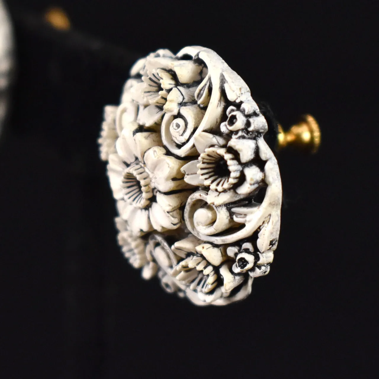 Celluloid White Carved Flower Earrings