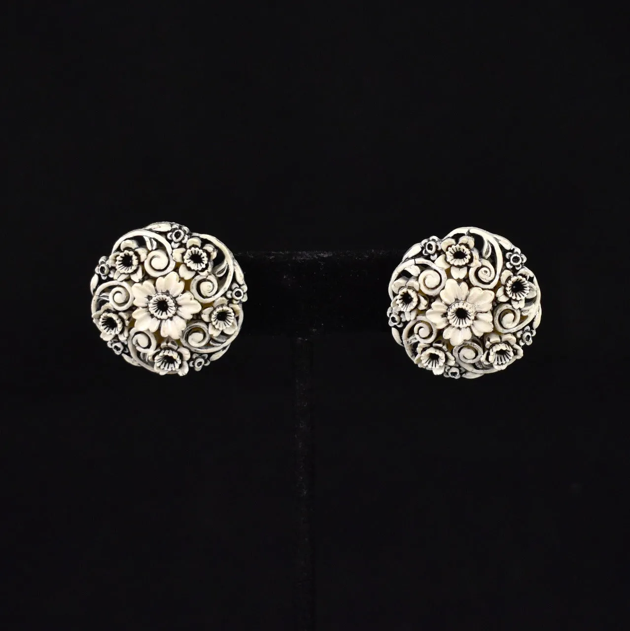 Celluloid White Carved Flower Earrings