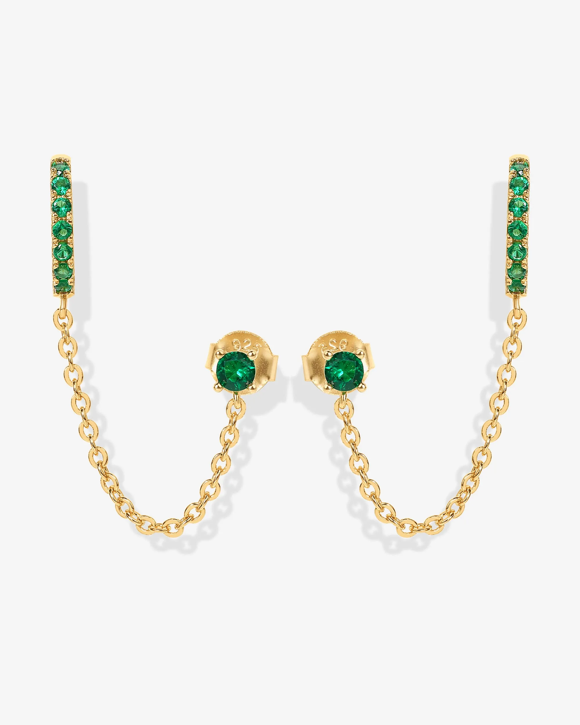 Chained Huggie Hoop with Green CZ Stud