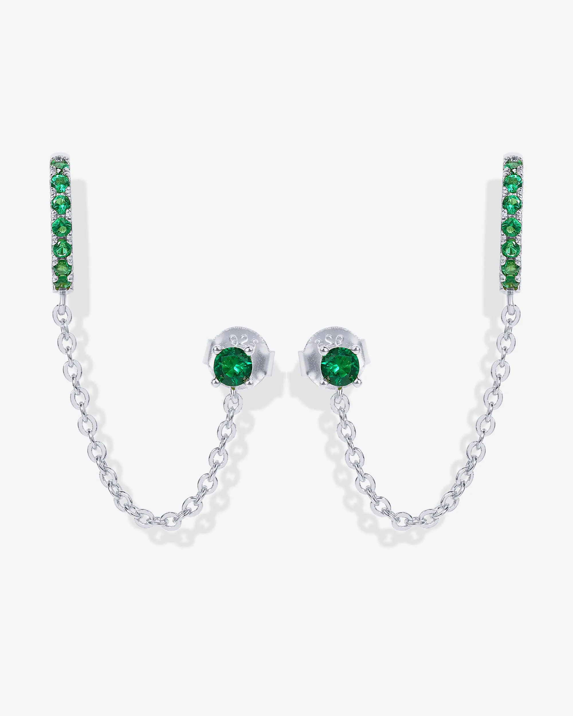 Chained Huggie Hoop with Green CZ Stud