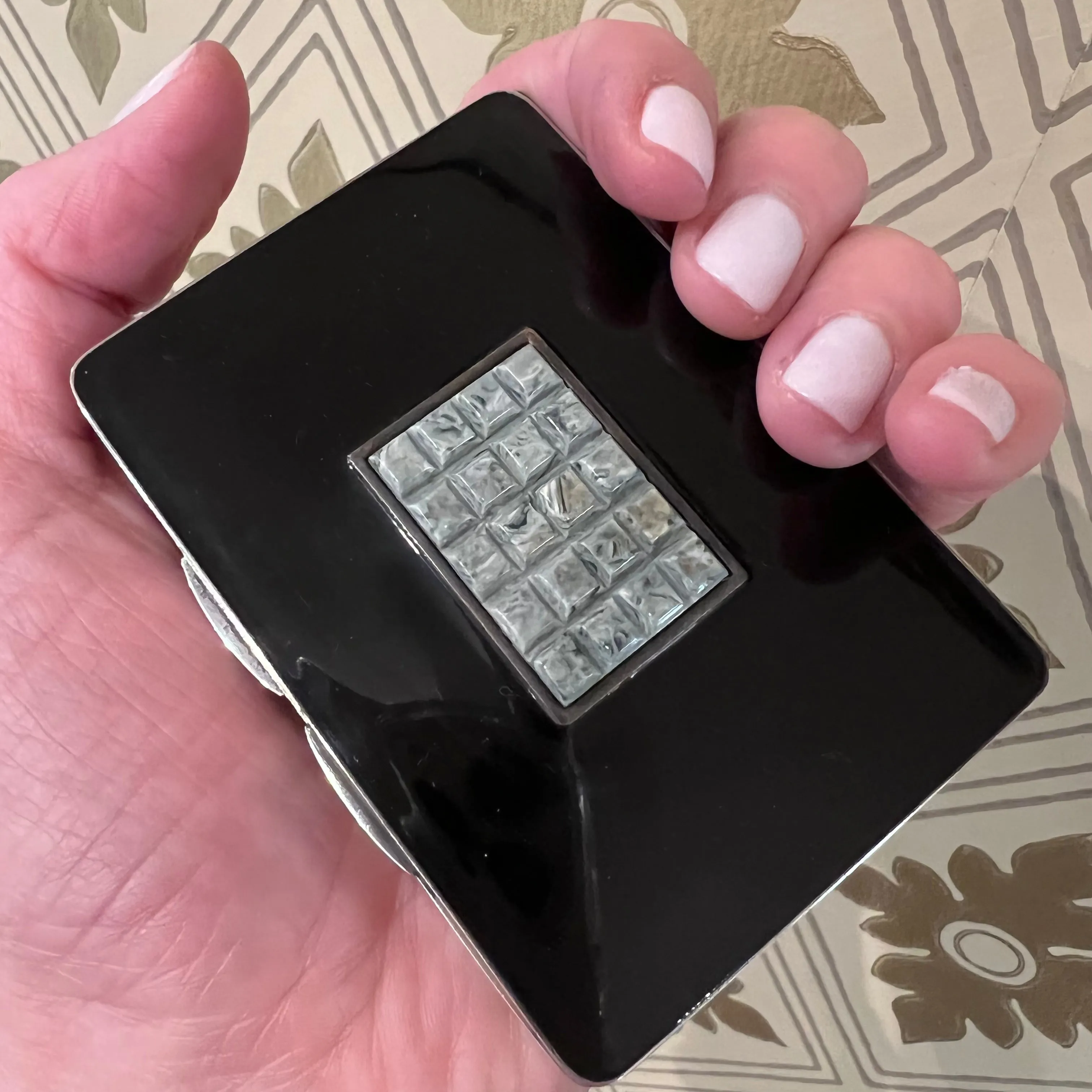 Chic French Art Deco Silver Enamel & Celluloid Compact