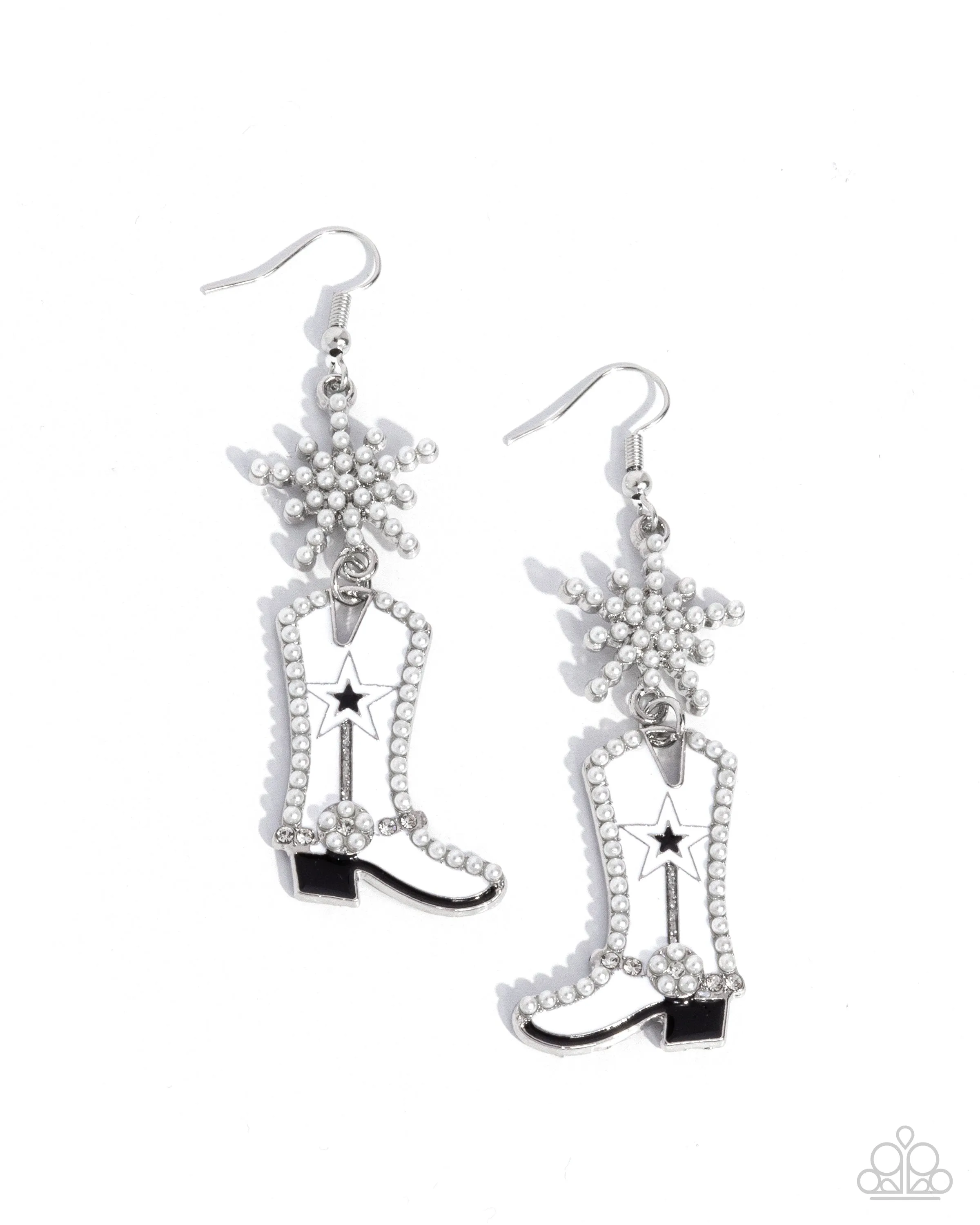 Compelling Cowboy - White - Pearl and Silver Star Boot Paparazzi Fishhook Earrings