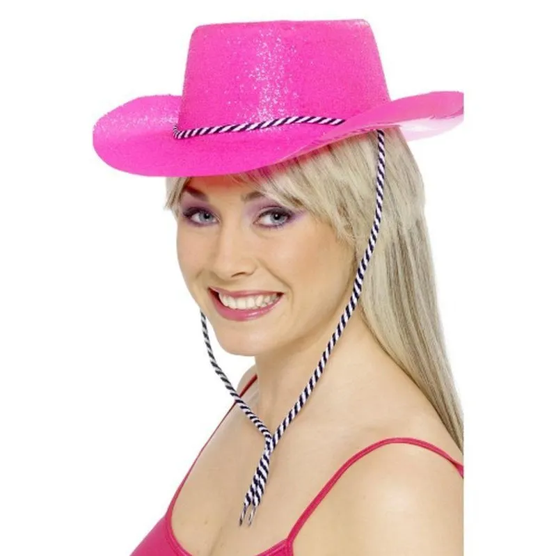 Cowboy Glitter Hat - Neon Pink, with Cord