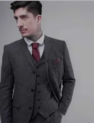 Custom Bespoke Grey Tweed Three-Piece Suit for Men | Vintage Style for Weddings, Engagements, & Winter