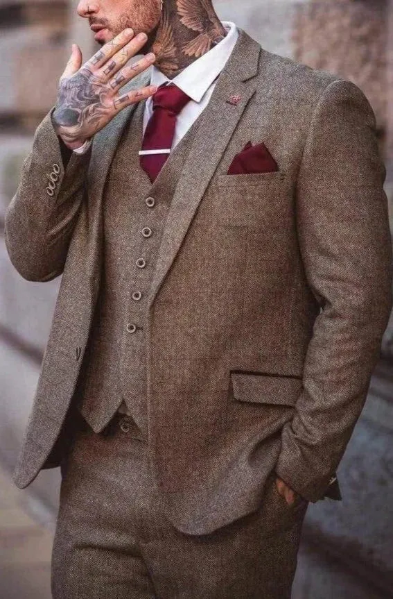 Custom Three-Piece Brown Wool Suit for Men - Elegant Wedding & Engagement Attire