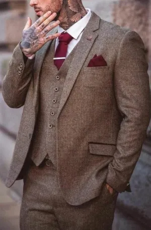 Custom Three-Piece Brown Wool Suit for Men - Elegant Wedding & Engagement Attire
