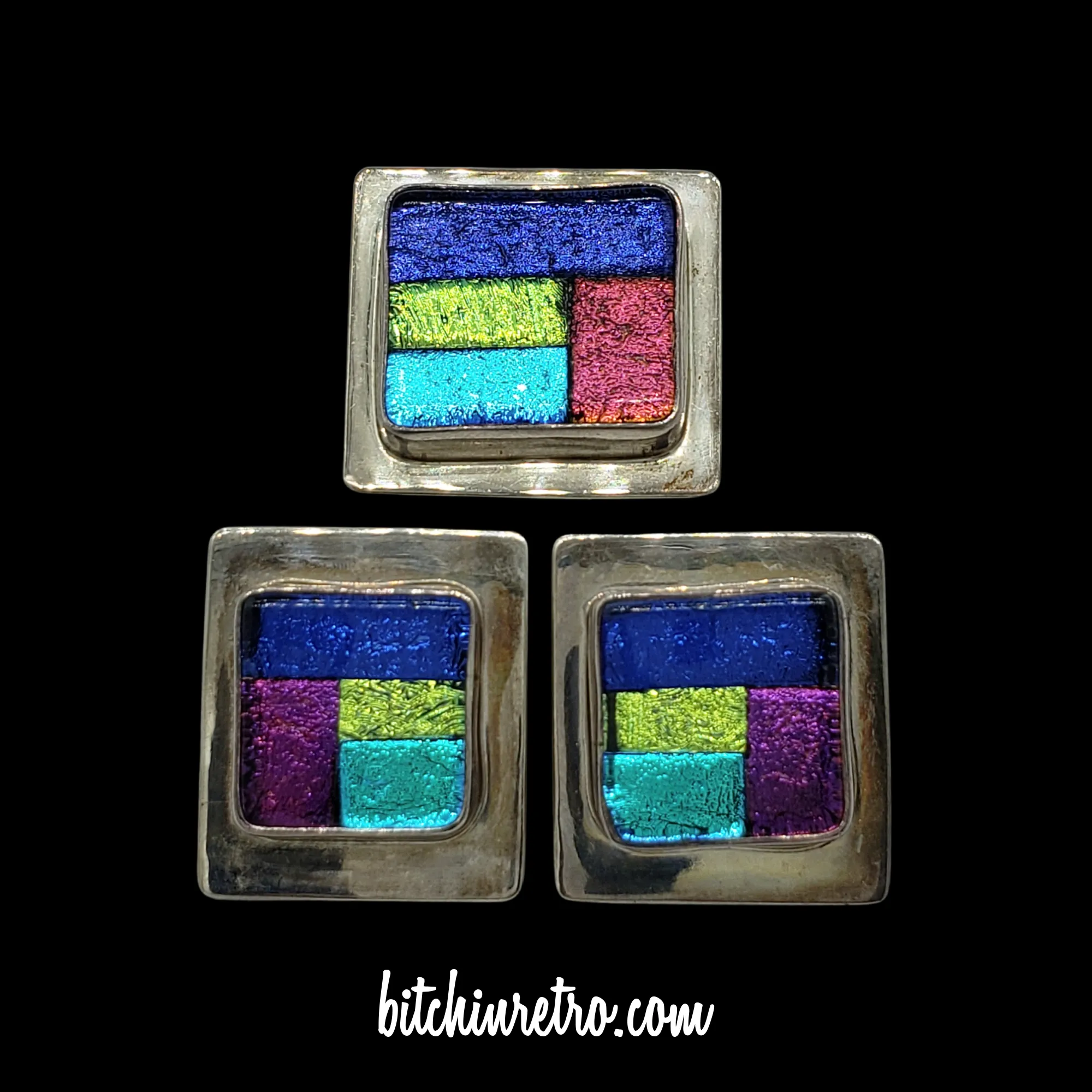 D. Wayne Artisan Sterling Silver & Dichroic Glass Brooch, Pendant & Earring Set