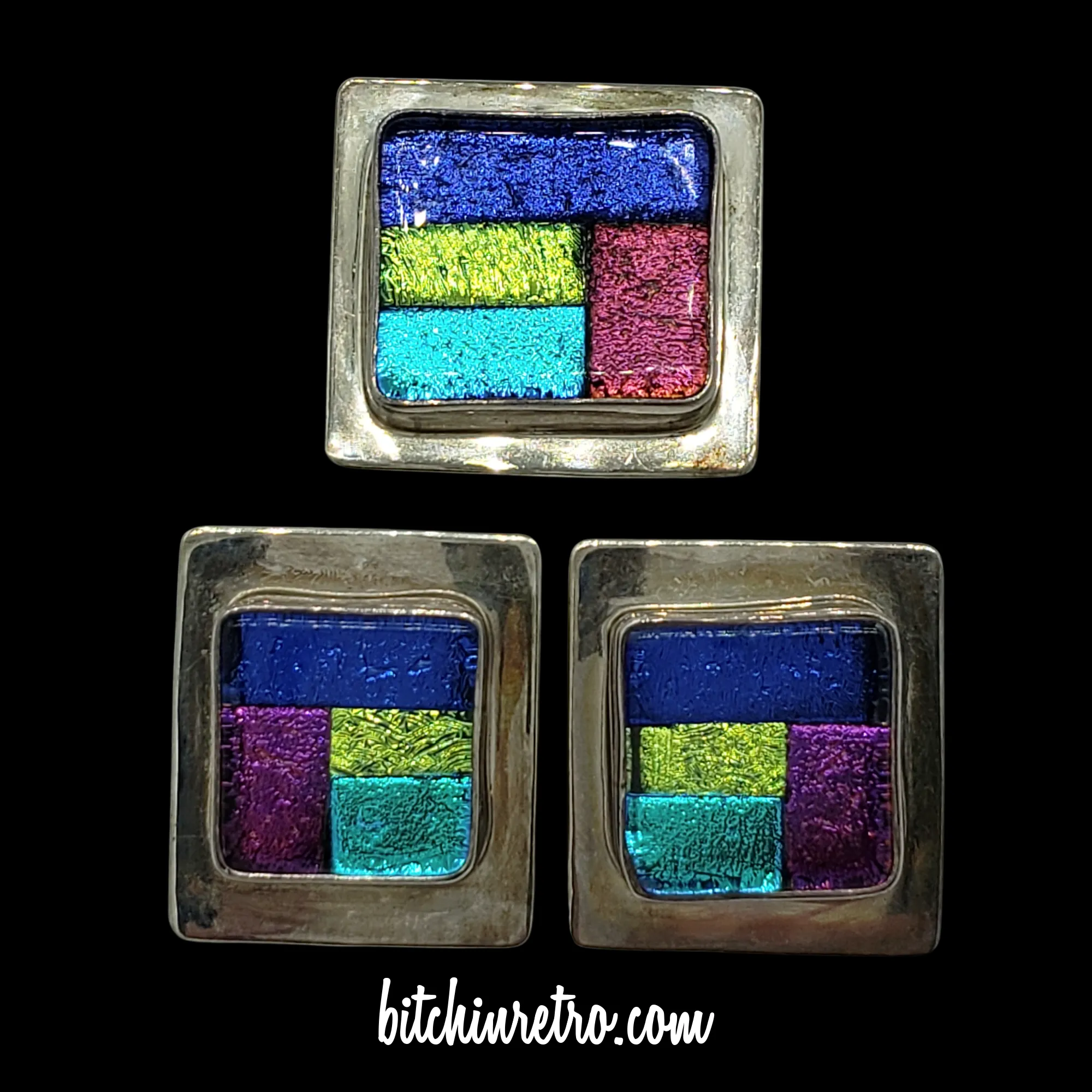 D. Wayne Artisan Sterling Silver & Dichroic Glass Brooch, Pendant & Earring Set