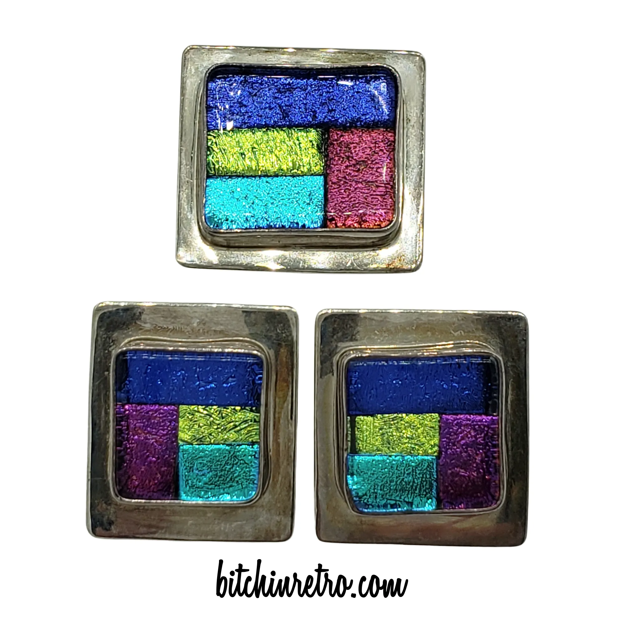 D. Wayne Artisan Sterling Silver & Dichroic Glass Brooch, Pendant & Earring Set