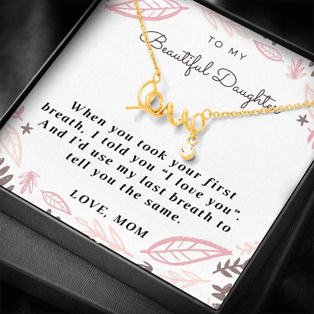 Dainty Scripted Love Necklace for Daughter, From Mom