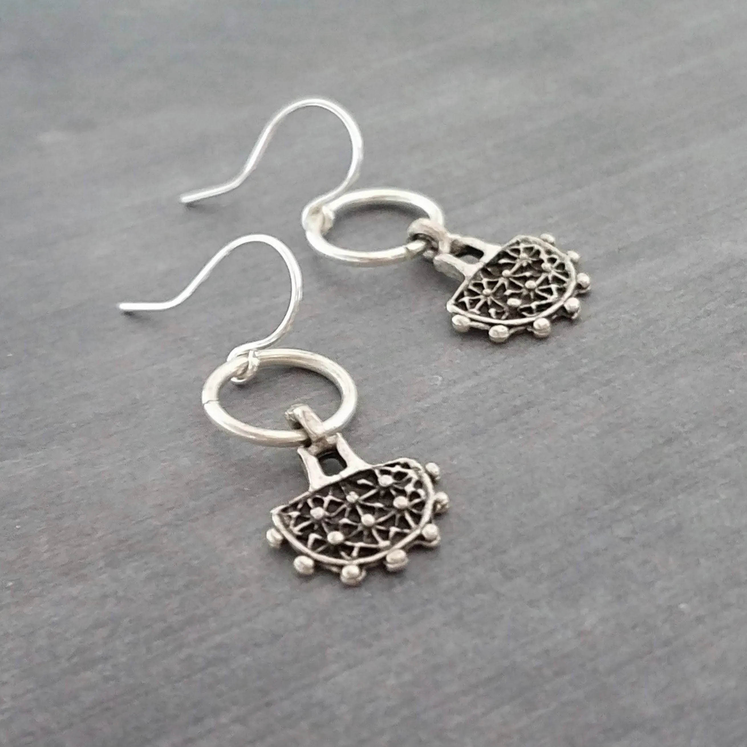 Dainty Silver Dangle Earrings, silver pendulum earring, antique silver earring, semicircle earring, silver ring earring, small earring, ox