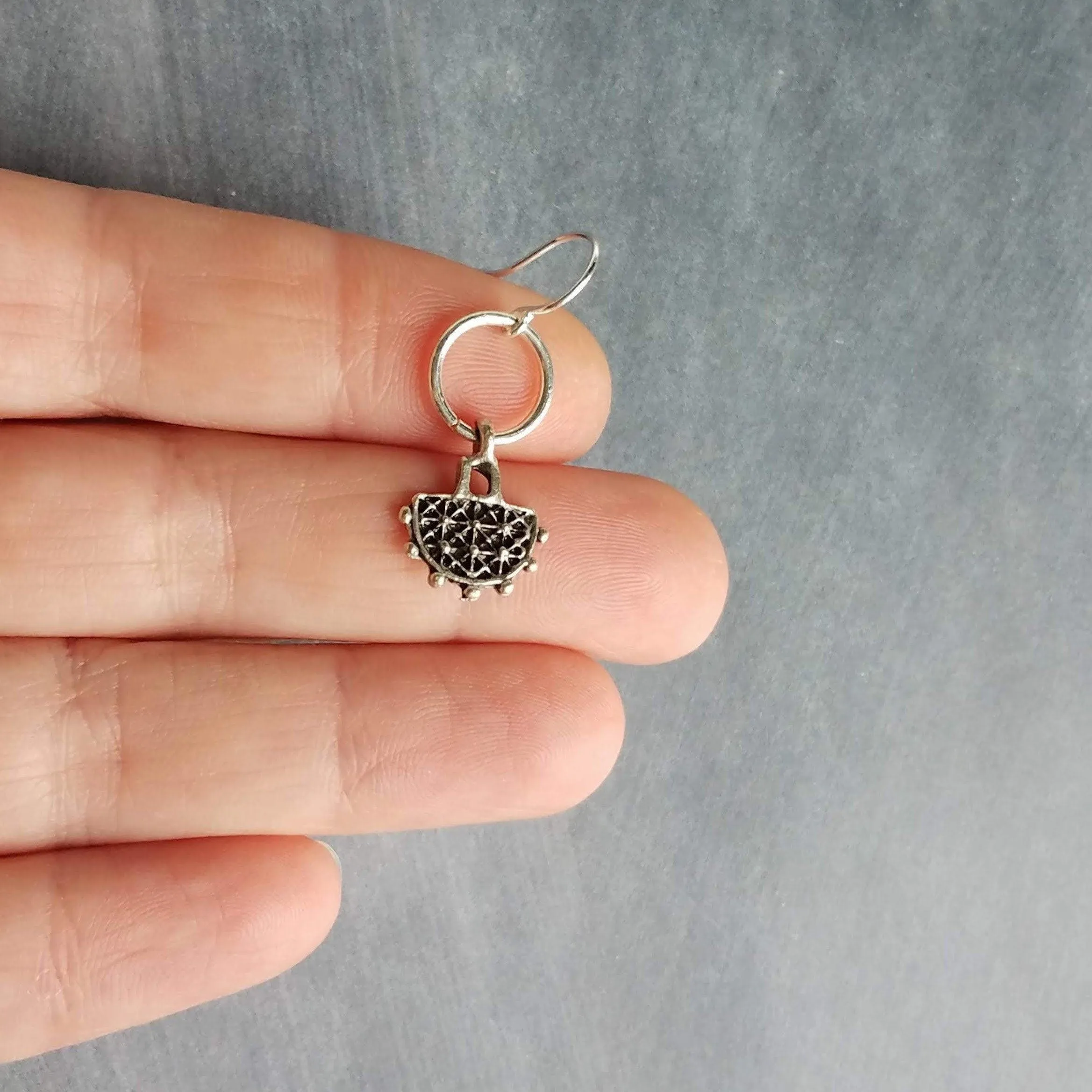 Dainty Silver Dangle Earrings, silver pendulum earring, antique silver earring, semicircle earring, silver ring earring, small earring, ox