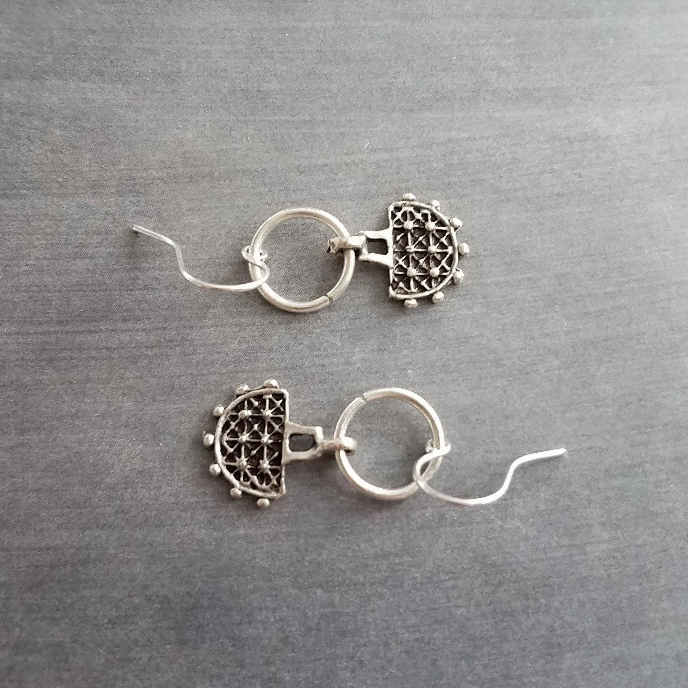 Dainty Silver Dangle Earrings, silver pendulum earring, antique silver earring, semicircle earring, silver ring earring, small earring, ox