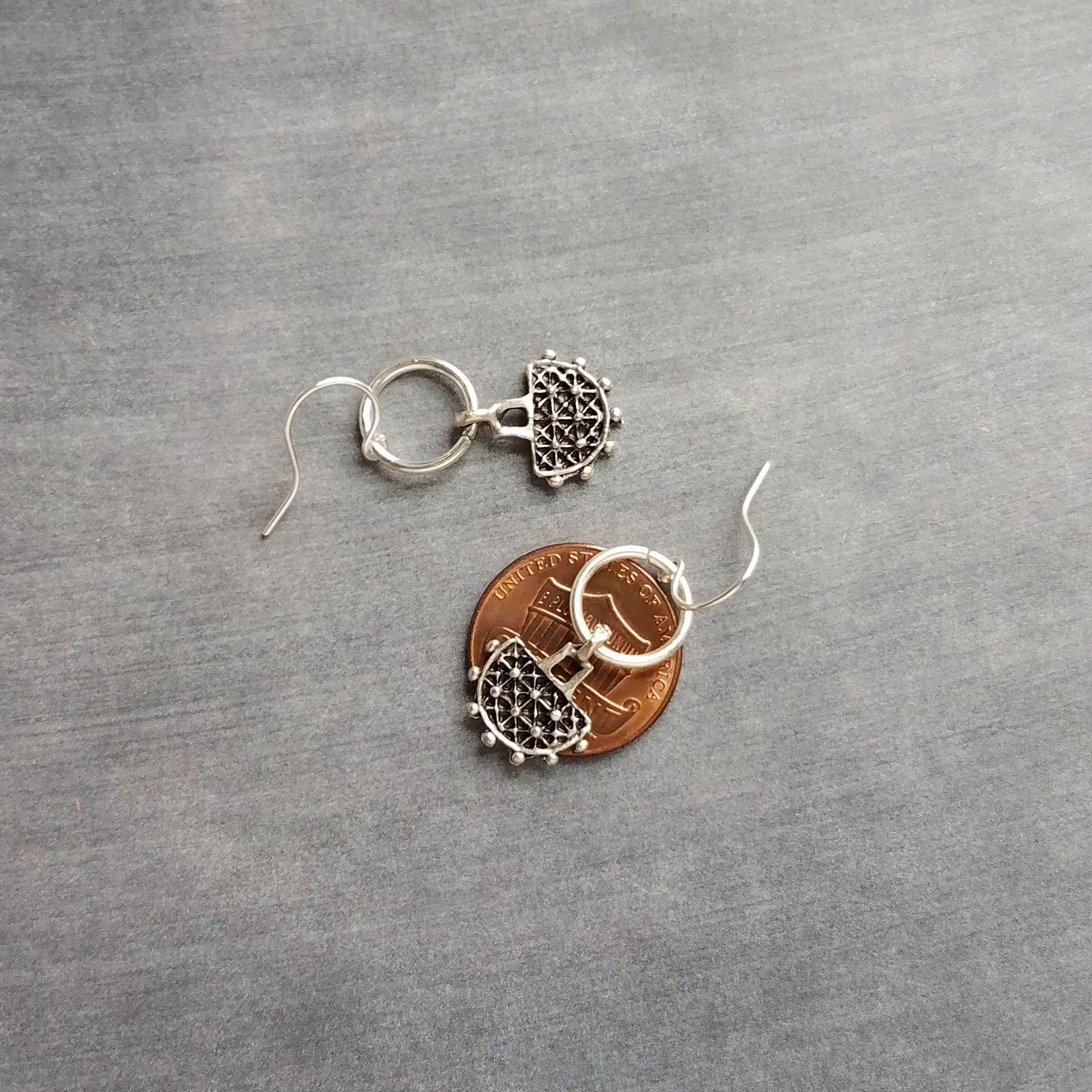 Dainty Silver Dangle Earrings, silver pendulum earring, antique silver earring, semicircle earring, silver ring earring, small earring, ox