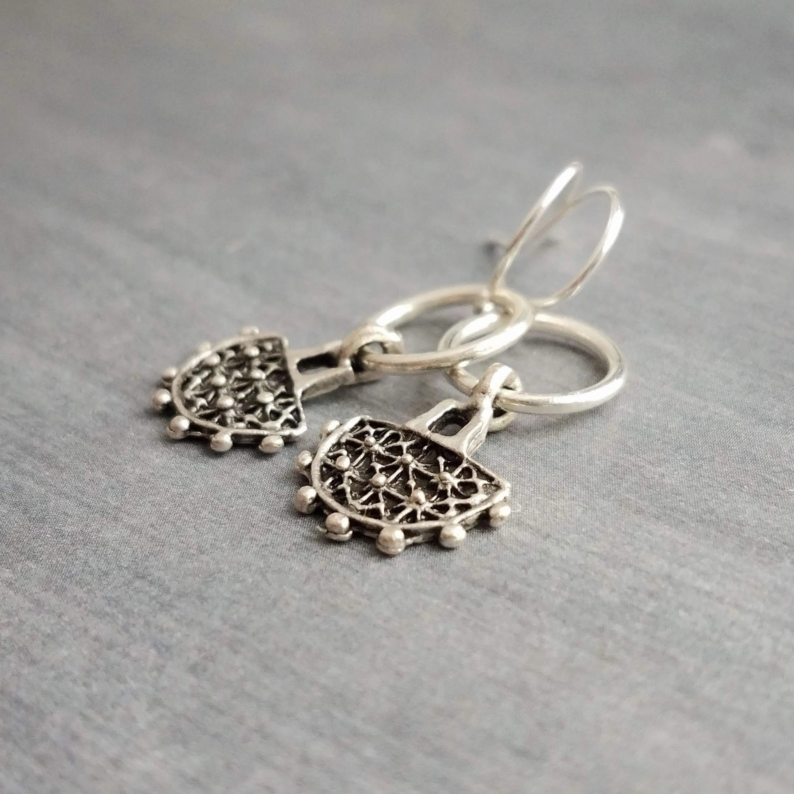 Dainty Silver Dangle Earrings, silver pendulum earring, antique silver earring, semicircle earring, silver ring earring, small earring, ox
